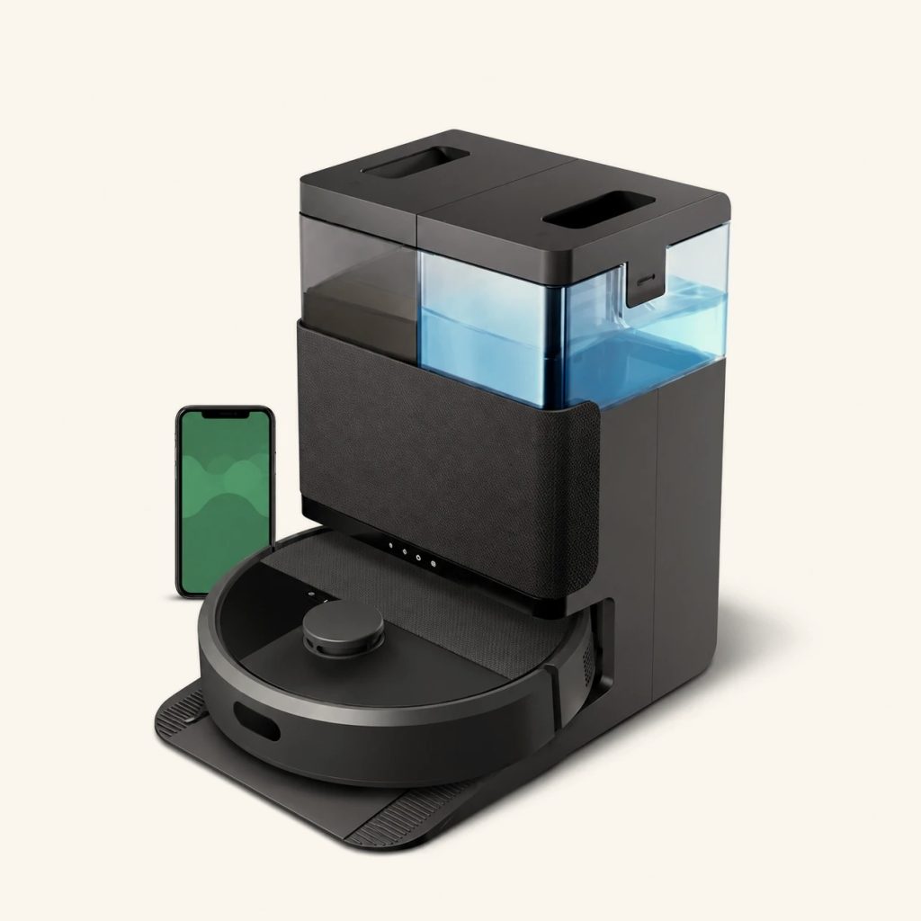 Black robot vacuum and mop docked in its self-emptying station with clean water tank